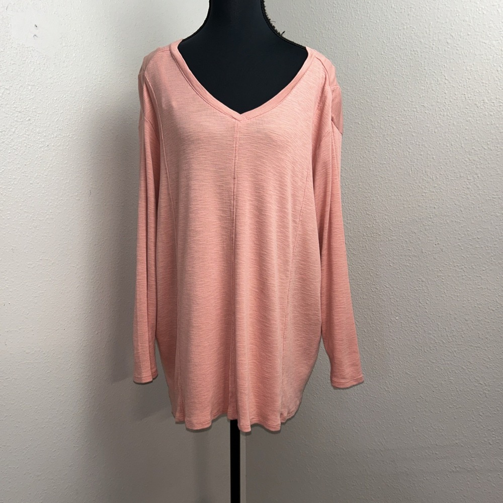 J. Jill V Neck Tee Women's XL Pink Pima Cotton 3/4 Sleeve Ribbed Knit Casual